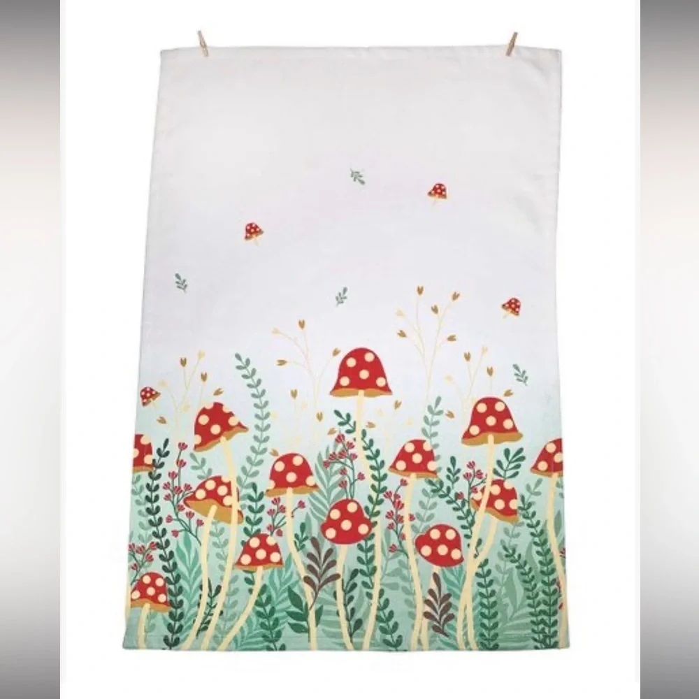 Streamline Imagined White & Green Mushroom Garden Tea Towel, White, NWT